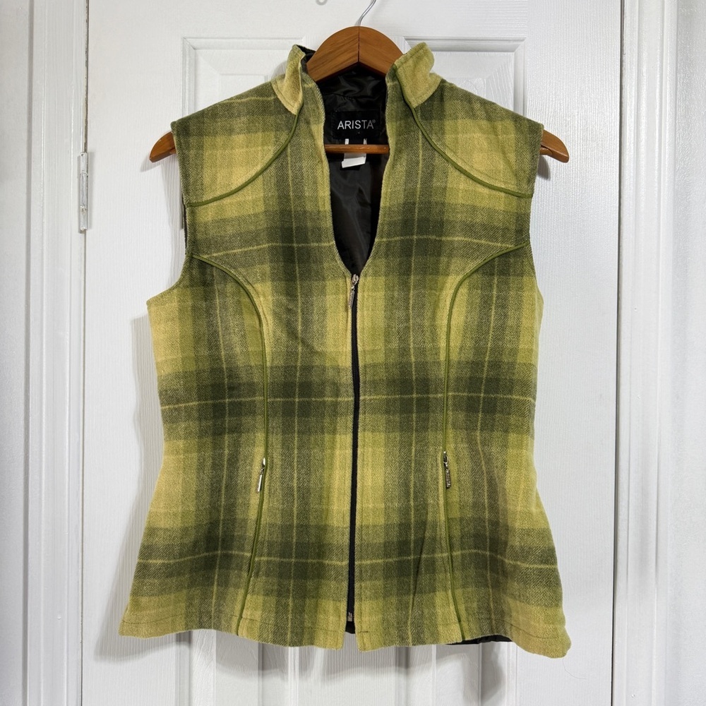 ARISTA equestrian green wool plaid vest silver bridle buckle size Large